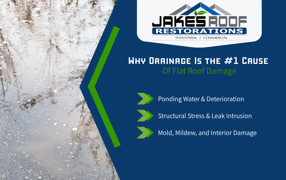 Jake’s Roof Restorations infographic on flat roof drainage: #1 cause of damage, leading to ponding, leaks, and mold.