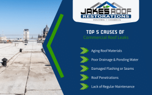 Jake’s Roof Restorations infographic listing top 5 causes of commercial roof leaks beside a flat rooftop photo