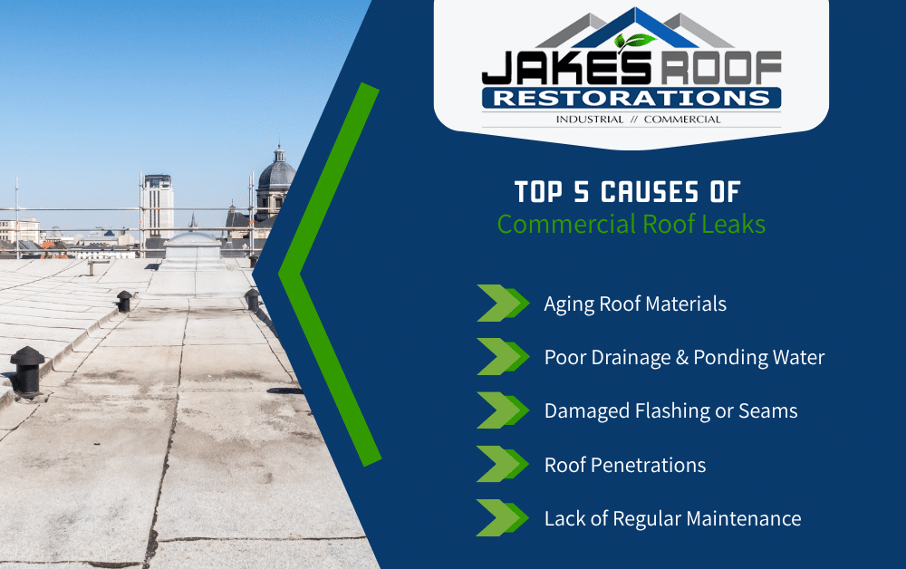 Jake’s Roof Restorations infographic listing top 5 causes of commercial roof leaks beside a flat rooftop photo