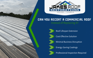 Infographic on recoating commercial roofs, showing metal roof photo and benefits like lifespan extension, cost savings, and energy-saving co