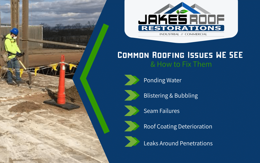 Jake’s Roof Restorations infographic listing common roofing issues: ponding water, blistering, seam failures, coating deterioration, leaks.