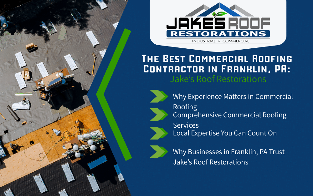 Jake’s Roof Restorations infographic with rooftop work photo and text: best commercial roofing contractor in Franklin, PA