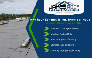 Jake’s Roof Restorations infographic on flat roof coating, with roof photo and bullet list of key topics on applying coatings