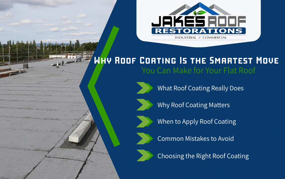 Jake’s Roof Restorations infographic on flat roof coating, with roof photo and bullet list of key topics on applying coatings
