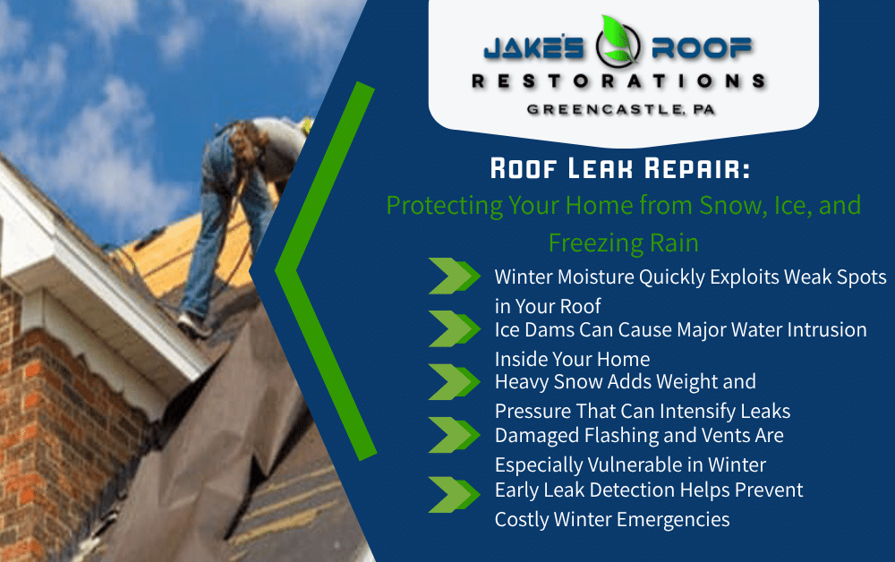 Jake’s Roof Restorations infographic on winter roof leak repair, with roofer on roof and tips on ice dams, snow weight, and weak spots