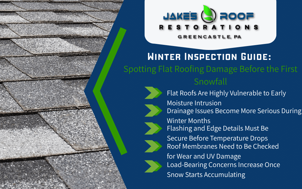 Jake’s Roof Restorations winter inspection guide for flat roofs, listing moisture intrusion, drainage, flashing, membrane wear, load concern