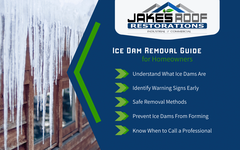 Jakes Roof Restorations Ice Dam Removal Guide for homeowners with icicles on roof edge and tips: warning signs, safe removal, prevention