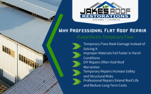 Jake’s Roof Restorations infographic: why professional flat roof repair outperforms temporary fixes, with bullet list of key reasons