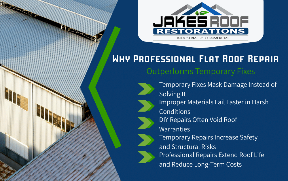 Jake’s Roof Restorations infographic: why professional flat roof repair outperforms temporary fixes, with bullet list of key reasons