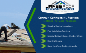 Jake’s Roof Restorations infographic on common commercial roofing mistakes: skipping inspections, poor installs, drainage issues, delayed re