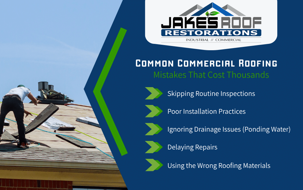 Jake’s Roof Restorations infographic on common commercial roofing mistakes: skipping inspections, poor installs, drainage issues, delayed re