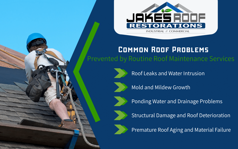 Roofer on a shingle roof beside infographic listing common roof problems prevented by routine maintenance services