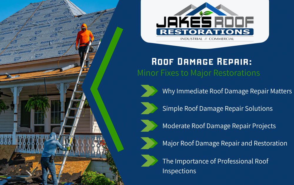 Jake’s Roof Restorations infographic on roof damage repair, with contractors on a ladder and topics from minor fixes to major restoration