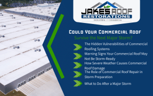 Jake’s Roof Restorations infographic with aerial warehouse roof; headline “Could Your Commercial Roof Survive the Next Major Storm?” and top