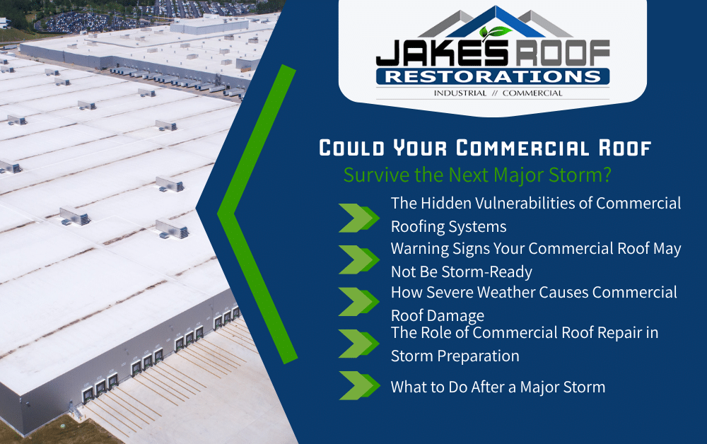 Jake’s Roof Restorations infographic with aerial warehouse roof; headline “Could Your Commercial Roof Survive the Next Major Storm?” and top