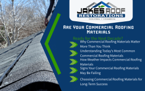 Infographic cover for Jakes Roof Restorations: “Are Your Commercial Roofing Materials Ready for the Next Decade?” with roof photo and topic