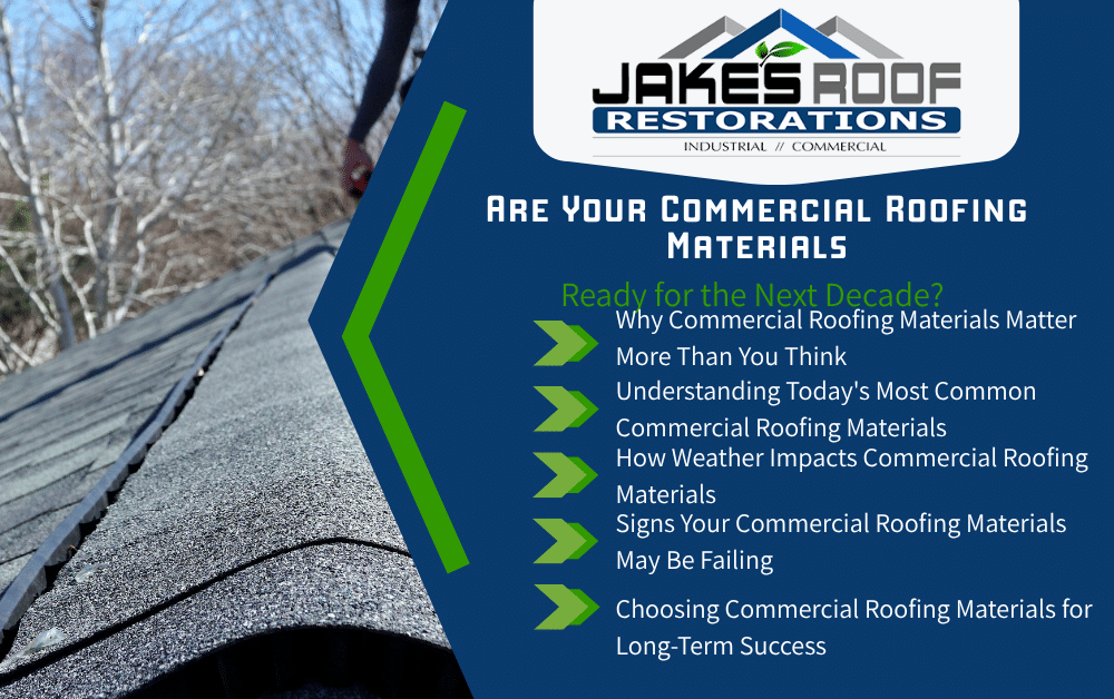 Infographic cover for Jakes Roof Restorations: “Are Your Commercial Roofing Materials Ready for the Next Decade?” with roof photo and topic