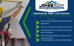 Jake’s Roof Restorations infographic on commercial roof leak repair, with worker measuring ceiling and bullet list of leak topics