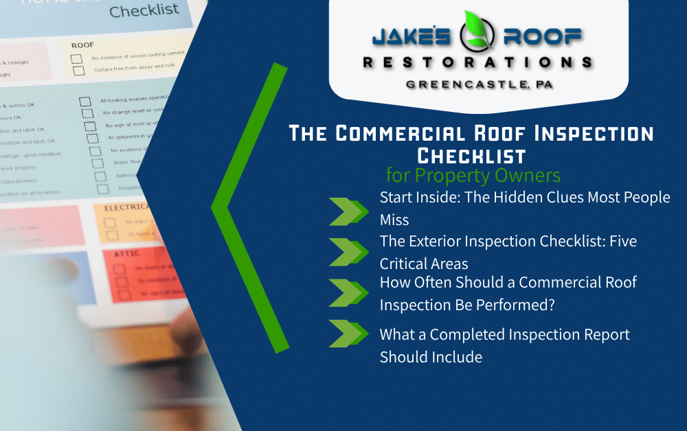 Jake’s Roof Restorations infographic: commercial roof inspection checklist for property owners with key topics and green arrows
