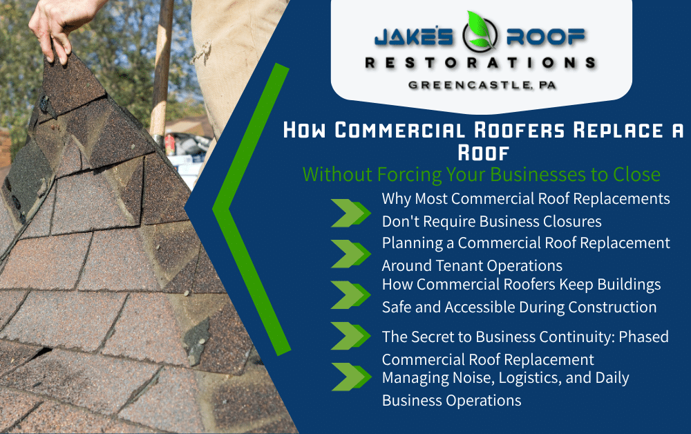 Jake’s Roof Restorations infographic on commercial roof replacement without closures, with photo of damaged shingles being removed